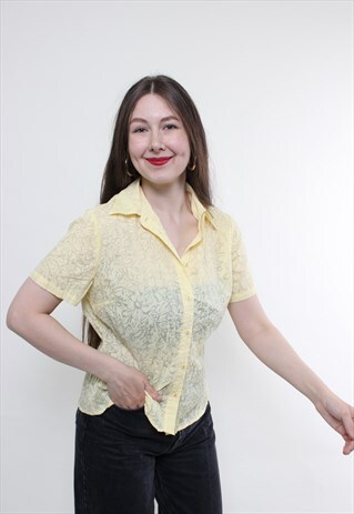 VINTAGE 90S SHEER BLOUSE, FLOWERS BLOUSE YELLOW SUMMER