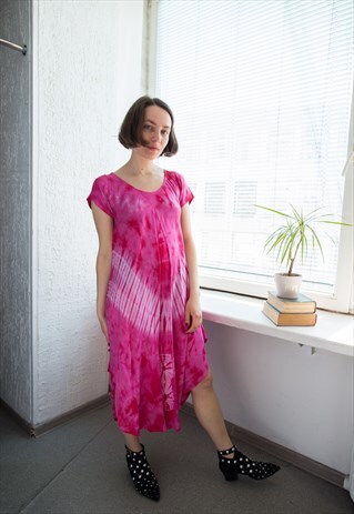 VINTAGE 80'S PINK TIE DYE MIDI SHORT SLEEVED DRESS