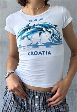 Vintage Y2K 00's White Fitted Graphic Croatia Baby T-Shirt