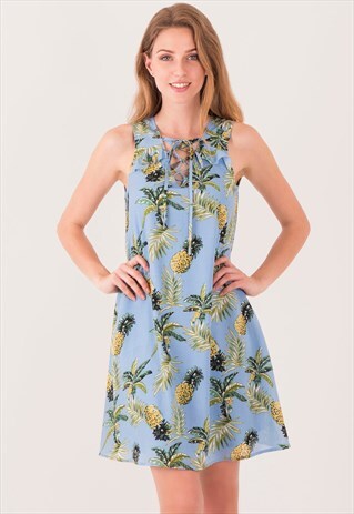 MULTICOLOURED PINEAPPLE PRINT CRISSS CROSS FRONT DRESS