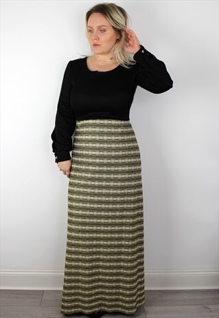 VINTAGE 1960'S BLACK AND GOLD MAXI LONG SLEEVE DRESS 14