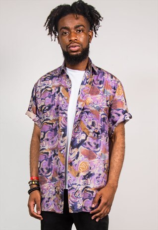 VTG PURPLE 90'S ABSTRACT FESTIVAL SHORT SLEEVE SILK SHIRT
