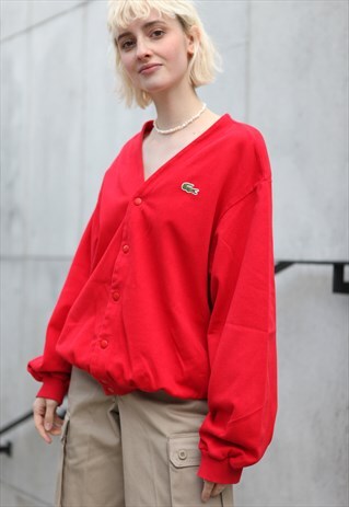 VINTAGE 80'S LACOSTE CARDIGAN BOMBER SWEATSHIRT IN RED