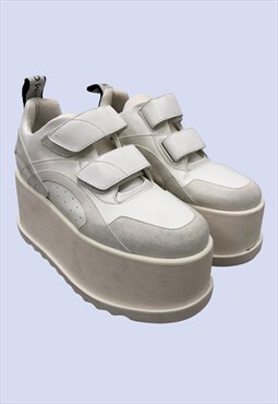 White Two Velcro Strap Casual Platform Trainers