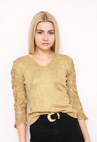 VINTAGE 90S GOLD METALLIC KNIT CROCHET TOP