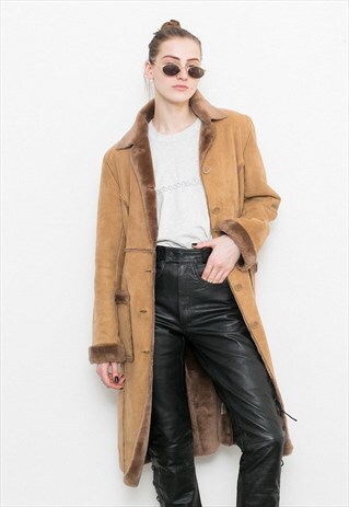 VINTAGE COAT BROWN FAUX SHEARLING SUEDE WARM WINTER JACKET