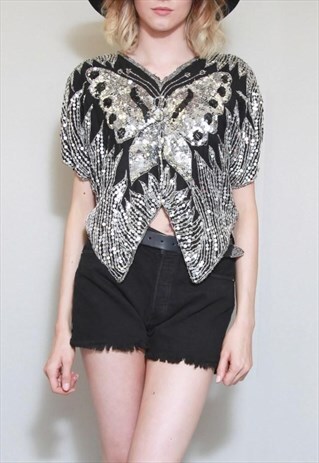 VINTAGE 1980'S BLACK AND SILVER SEQUIN BUTTERFLY TOP