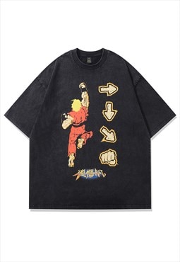 Anime print t-shirt fighter tee Kung Fu top in vintage grey