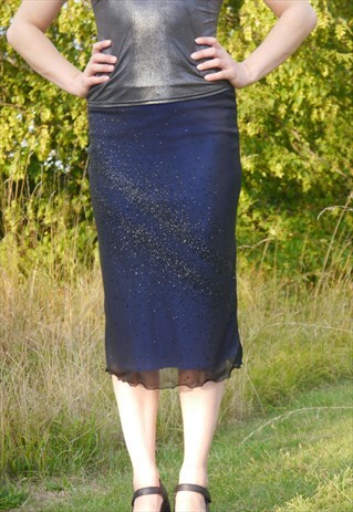 VINTAGE 90S Y2K BLUE SEQUIN VISCOSE OVERLAY MESH MIDI SKIRT