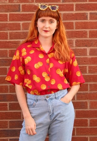 VINTAGE 80S TED BAKER SHIRT RED & GOLD BUTTON COIN PRINT