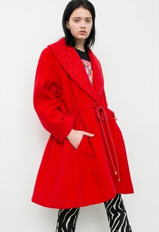 VINTAGE WOOL COAT BRIGHT RED LONG SLEEVED EMBROIDERED COLLAR