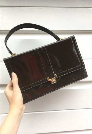 WOMENS VINTAGE 50S 60S HANDBAG DARK BROWN SATCHEL CLUTCH