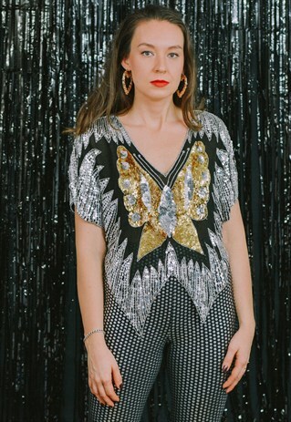 BUTTERFLY TOP 80S TOP DISCO VINTAGE SEQUINS BLOUSE L
