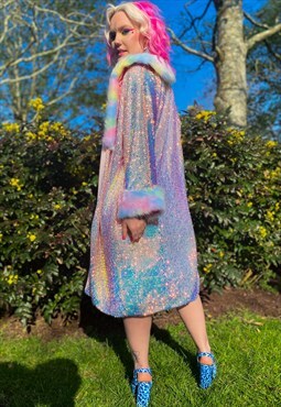 Faux Fur Rainbow Sequin Festival Jacket Coat 