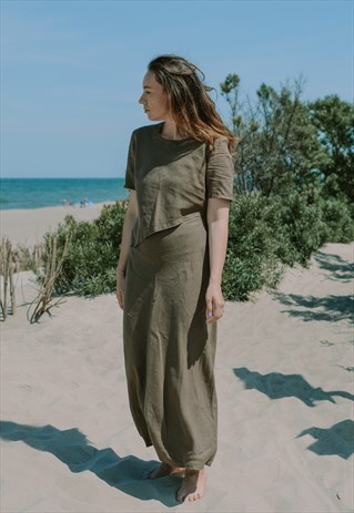 GREEN LINEN DRESS VINTAGE MINIMALIST MAXI SHORT SLEEVE L