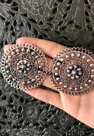 OVERSIZED ETHNIC SILVER EARRINGS STATEMENT STUDS ROUND DISC