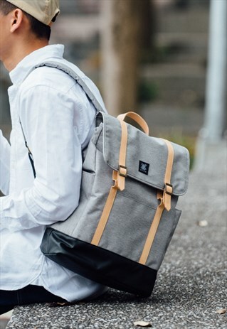 LIGHT GREY URBAN BACKPACK WITH LEATHER TRIM