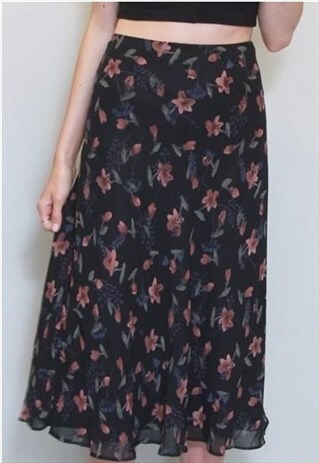 VINTAGE 1990'S FLORAL PRINT BLACK FLOATY MIDI SKIRT