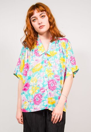 VINTAGE 90'S NEON FLORAL PATTERN SHORT SLEEVE BLOUSE SHIRT