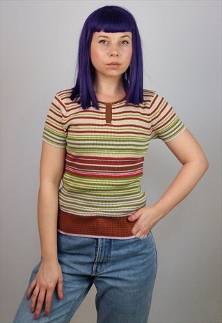 VINTAGE 90'S RIBBED COTTON KNIT STRIPED TOP