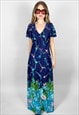 70'S LADIES GREEN BLUE FLORAL SHORT SLEEVE MAXI DRESS