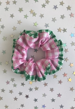 HANDMADE PINK AND GREEN GINGHAM SCRUNCHIE