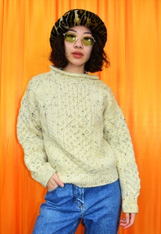 VINTAGE 80S ARAN JUMPER CREAM CABLE KNIT TURTLENECK WOOL