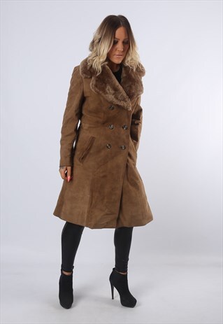 FAUX SHEEPSKIN SUEDE SHEARLING COAT JACKET UK 10 (CK2B)