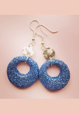 Festival Blue clay and glitter with hammered silver earrings