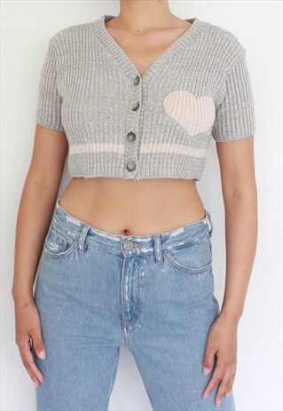 Y2K GREY KNIT HEART CROP TOP