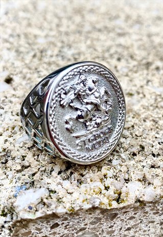MENS SILVER ST GEORGE RING SIGNET SOVEREIGN - JEWELRY GIFT