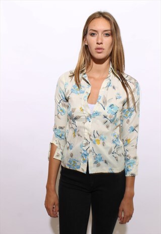 VINTAGE 1970'S 70'S FLORAL PRINT BUTTON DOWN DISCO TOP XS-S