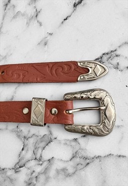 80's Vintage Leather Brown Embossed Silver Western Belt