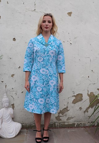 VINTAGE 1960S SIXTIES BLUE PASTEL FLOWER POWER SUMMER DRESS
