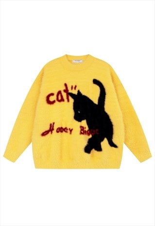 BLACK CAT SWEATER KITTEN PRINT JUMPER KNIT PULLOVER YELLOW