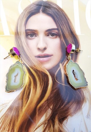 YELLOW PINK GEMSTONE GOLD CRYSTAL EARRINGS