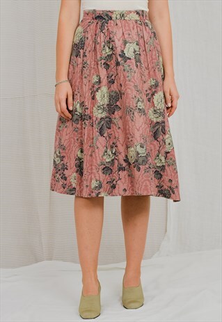 PRINTED SKIRT VINTAGE 80S FLORAL SALMON FLOWERS PLEATED XS/S
