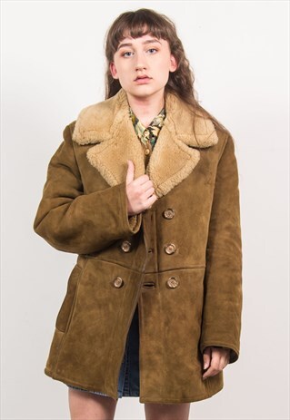 VINTAGE 90'S BROWN SUEDE SHEEPSKIN SHEARLING JACKET COAT