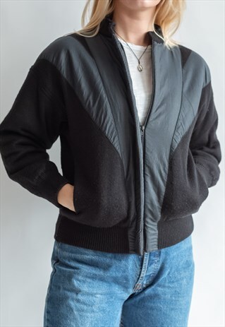 VINTAGE 80S MINIMAL BOMBER JACKET IN CONTRAST FABRICS