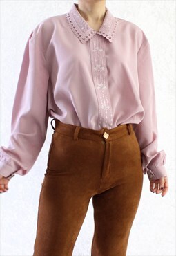 Vintage Blouse Lace Collar Pink T620 Size L