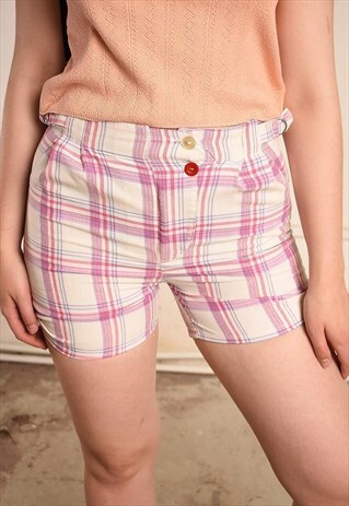 70'S RETRO REGULAR WAIST TARTAN LINEN-LIKE SHORTS