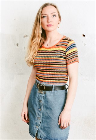 VINTAGE 80S 90S MULTICOLOUR STRIPE RIBBED KNIT T-SHIRT