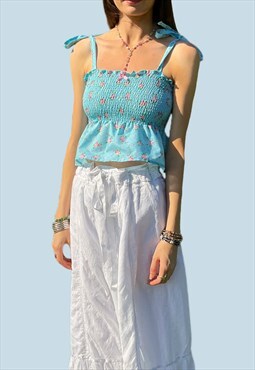 Blue and Pink Floral Shirred Tie-up Cami