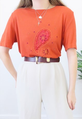 70S VINTAGE ORANGE PAISLEY EMBROIDERED BLOUSE TOP