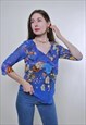 BIG COLLAR VINTAGE BLUE BLOUSE WITH FLOWERS PRINT 