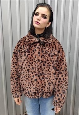 Leopard fleece jacket faux fur animal print bomber in brown