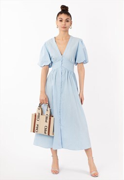 Check print Cotton Blend Puff sleeves midi dress in blue