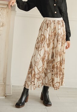 Cream Chain Print Pleated Midi Skirt