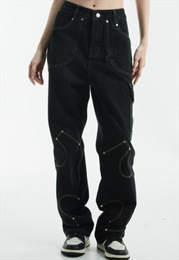 Cargo pocket jeans stitch work denim pants punk joggers