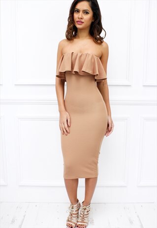 WOMENS LADIES STRAPLESS CAMEL FRILL BODYCON MIDI DRESS